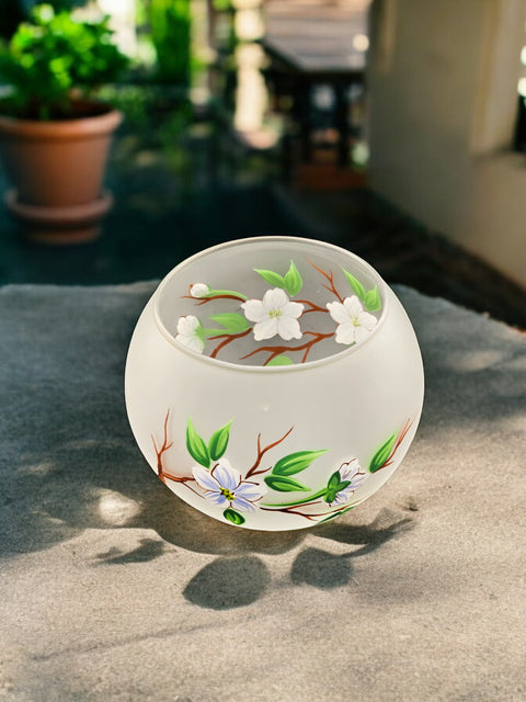 Frosted Glass Candle Holder, Hand Crafted in Ukraine, Dogwood Flower Design, Wonderful Year Round