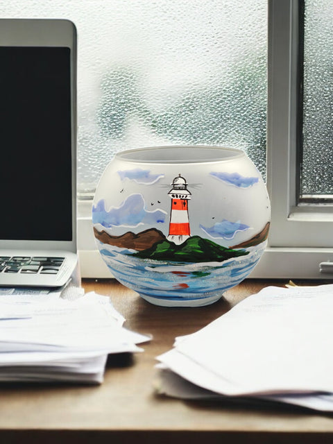 Large Frosted Glass Candle Holder, Hand Crafted in Ukraine, Lighthouse and Sailboat Design, Wonderful Year Round