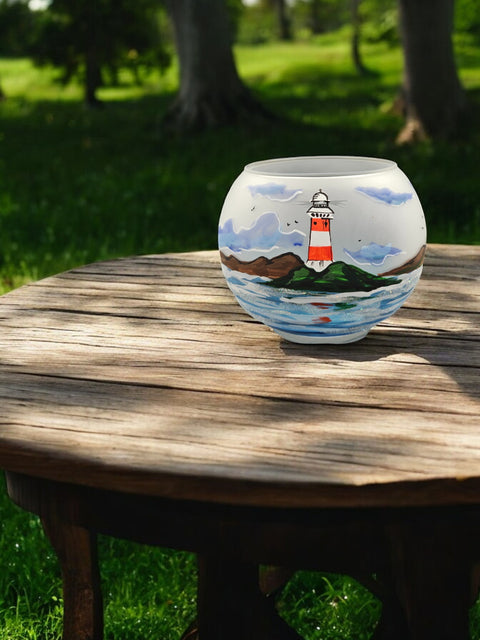 Large Frosted Glass Candle Holder, Hand Crafted in Ukraine, Lighthouse and Sailboat Design, Wonderful Year Round