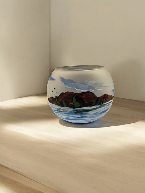 Large Frosted Glass Candle Holder, Hand Crafted in Ukraine, Lighthouse and Sailboat Design, Wonderful Year Round