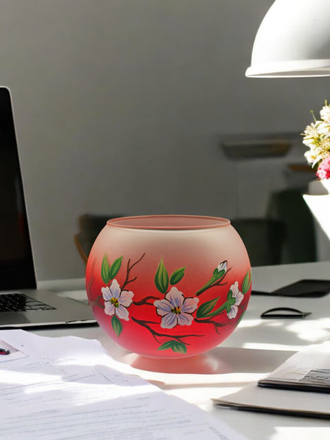 Medium Red Glass Candle Holder, Hand Crafted in Ukraine, Dogwood Flower Design, Wonderful Year Round