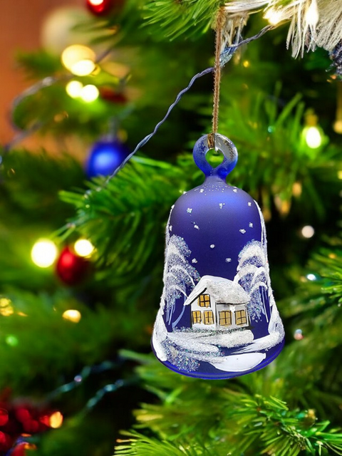 Blue Blown Glass Bell Ornament –  White Church Design with Clapper