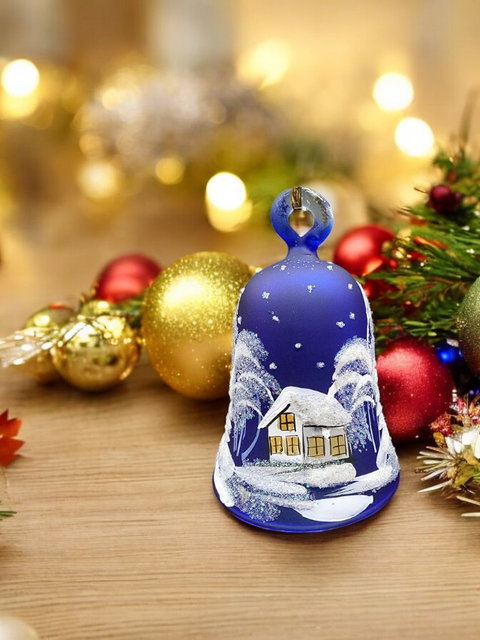 Blue Blown Glass Bell Ornament –  White Church Design with Clapper