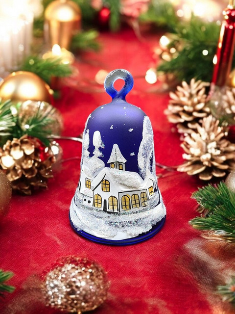 Blue Blown Glass Bell Ornament –  White Church Design with Clapper