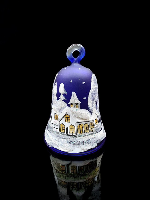 Blue Blown Glass Bell Ornament –  White Church Design with Clapper