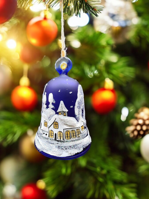 Blue Blown Glass Bell Ornament –  White Church Design with Clapper