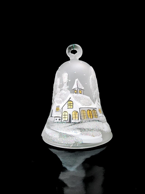 Frosted Blown Glass Bell Ornament –  White Church Design with Clapper