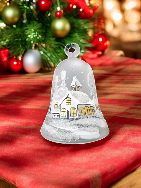 Frosted Blown Glass Bell Ornament –  White Church Design with Clapper