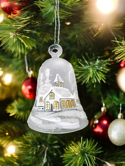 Frosted Blown Glass Bell Ornament –  White Church Design with Clapper