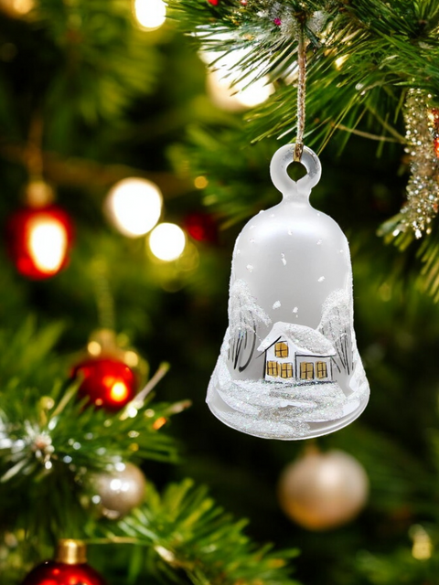 Frosted Blown Glass Bell Ornament –  White Church Design with Clapper