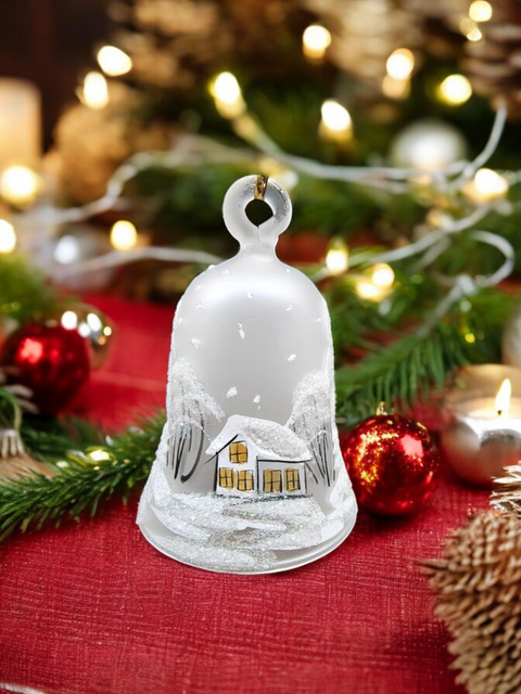 Frosted Blown Glass Bell Ornament –  White Church Design with Clapper