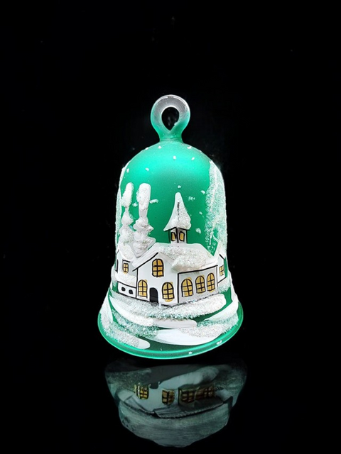 Green Blown Glass Bell Ornament –  White Church Design with Clapper