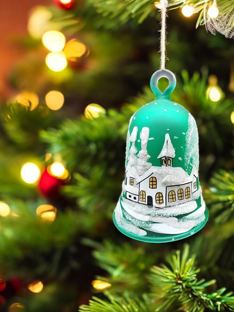 Green Blown Glass Bell Ornament –  White Church Design with Clapper