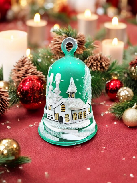 Green Blown Glass Bell Ornament –  White Church Design with Clapper