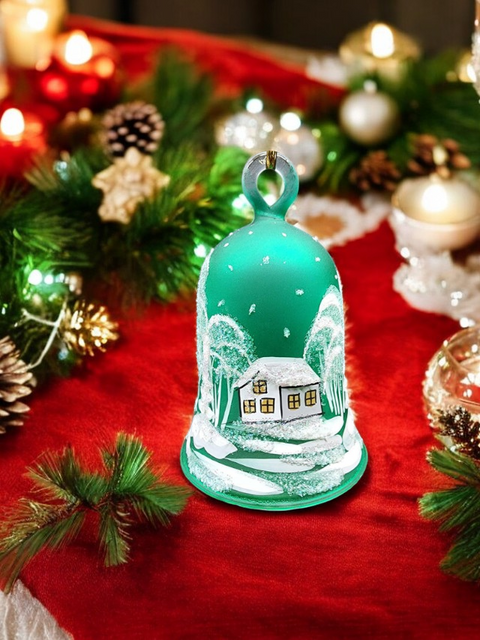 Green Blown Glass Bell Ornament –  White Church Design with Clapper