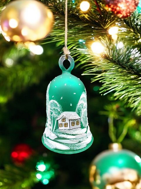 Green Blown Glass Bell Ornament –  White Church Design with Clapper