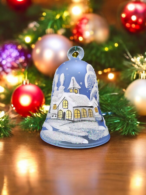 Light Blue Blown Glass Bell Ornament – White Church Design with Clapper