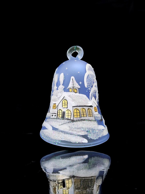 Light Blue Blown Glass Bell Ornament – White Church Design with Clapper