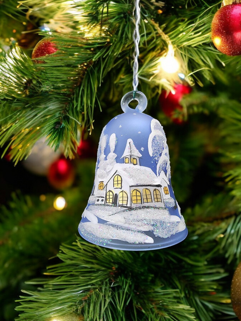 Light Blue Blown Glass Bell Ornament – White Church Design with Clapper