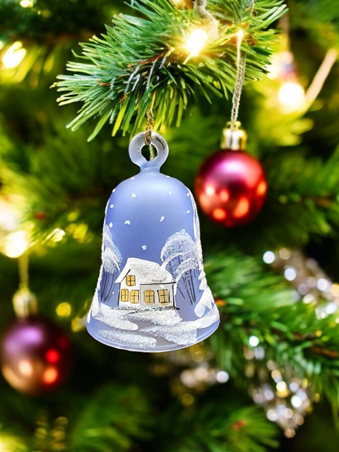 Light Blue Blown Glass Bell Ornament – White Church Design with Clapper