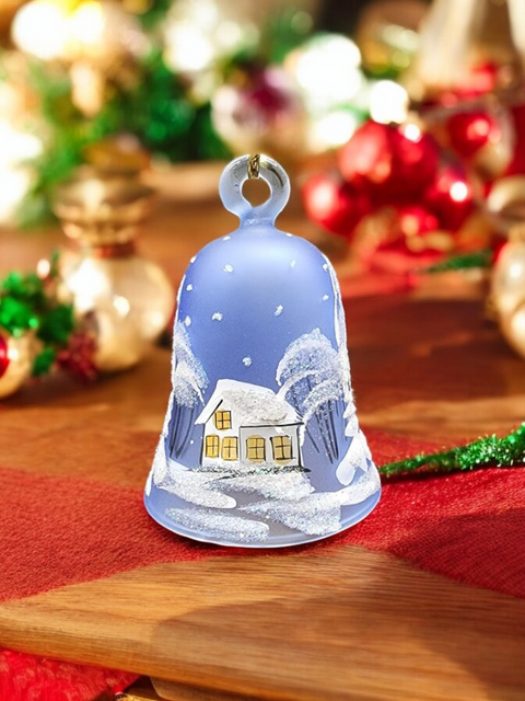 Light Blue Blown Glass Bell Ornament – White Church Design with Clapper