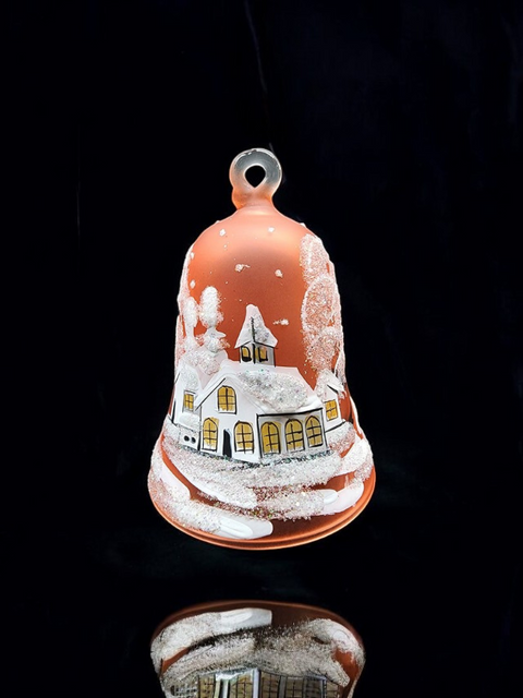 Orange Blown Glass Bell Ornament –  White Church Design with Clapper