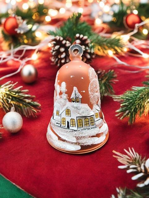 Orange Blown Glass Bell Ornament –  White Church Design with Clapper