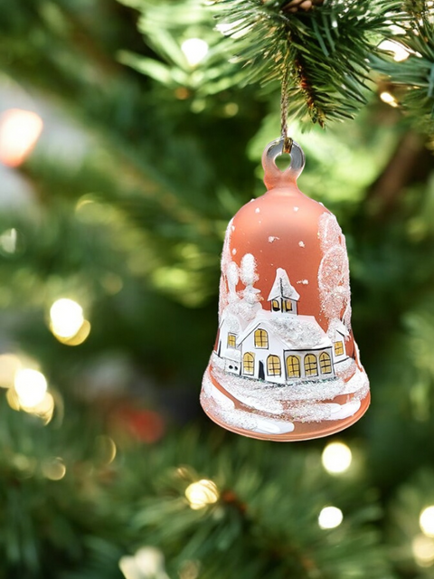 Orange Blown Glass Bell Ornament –  White Church Design with Clapper