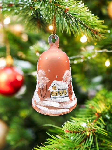 Orange Blown Glass Bell Ornament –  White Church Design with Clapper