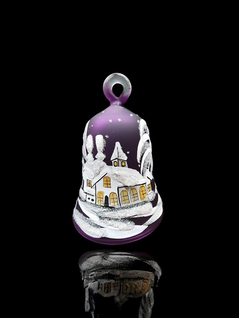 Purple Blown Glass Bell Ornament – White Church Design with Clapper