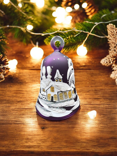 Purple Blown Glass Bell Ornament – White Church Design with Clapper