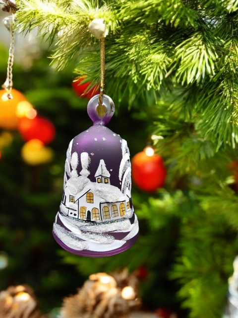 Purple Blown Glass Bell Ornament – White Church Design with Clapper