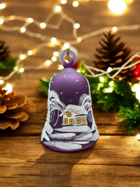 Purple Blown Glass Bell Ornament – White Church Design with Clapper