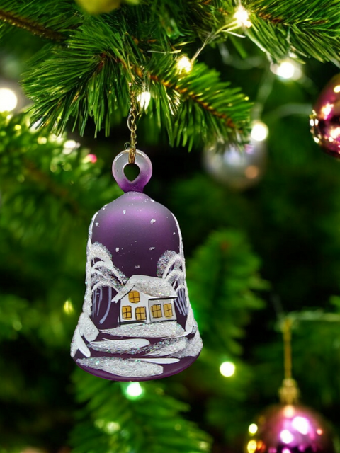 Purple Blown Glass Bell Ornament – White Church Design with Clapper