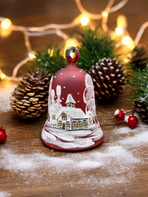 Red Blown Glass Bell Ornament –  White Church Design with Clapper