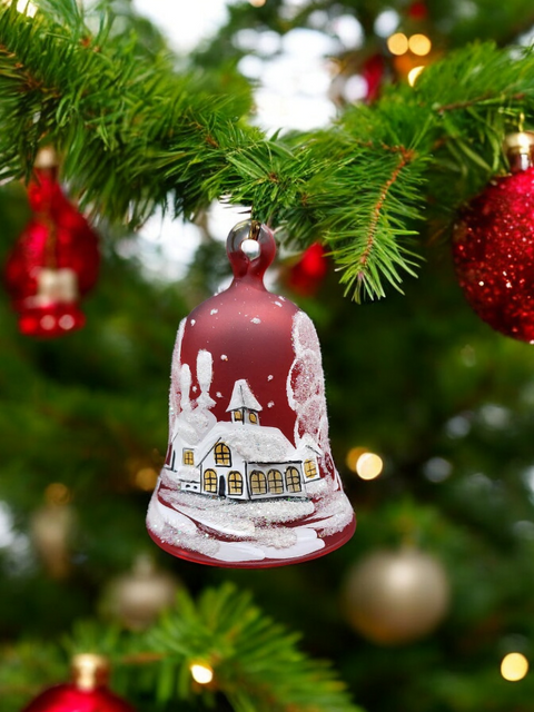 Red Blown Glass Bell Ornament –  White Church Design with Clapper