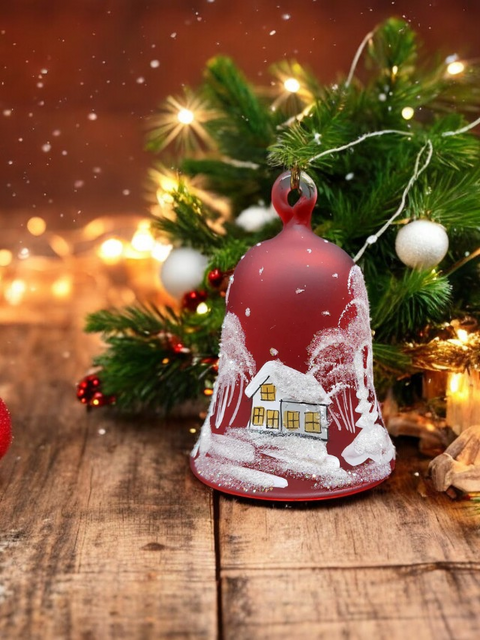 Red Blown Glass Bell Ornament –  White Church Design with Clapper