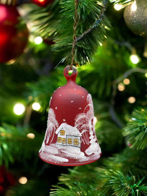 Red Blown Glass Bell Ornament –  White Church Design with Clapper