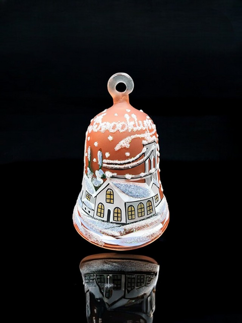 Orange Blown Glass Bell Ornament –  Brooklyn Bridge Design with Clapper