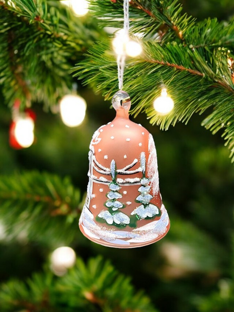 Orange Blown Glass Bell Ornament –  Brooklyn Bridge Design with Clapper