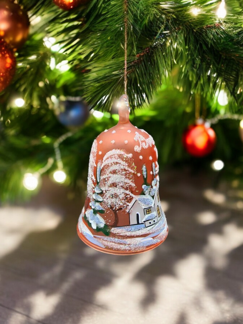 Orange Blown Glass Bell Ornament –  Brooklyn Bridge Design with Clapper