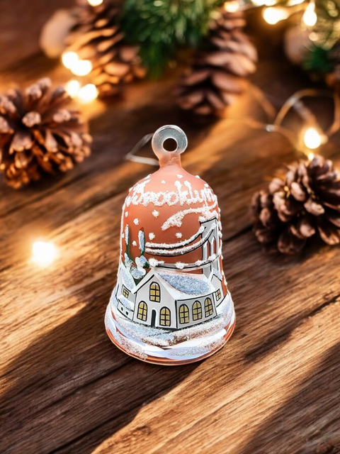 Orange Blown Glass Bell Ornament –  Brooklyn Bridge Design with Clapper