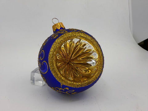 Blue Blown Glass Ornament - Handcrafted - Blue & Gold Refractor Design