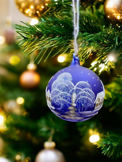 Blue Blown Glass Large Ball Ornament - White Church Design