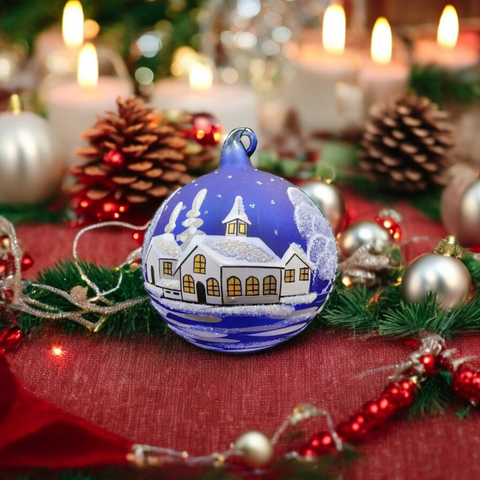 Blue Blown Glass Large Ball Ornament - White Church Design