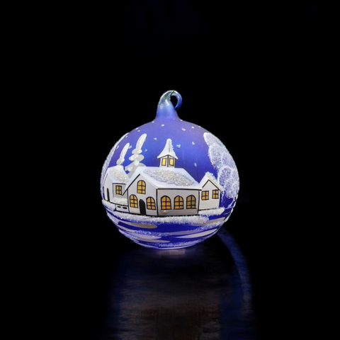 Blue Blown Glass Large Ball Ornament - White Church Design