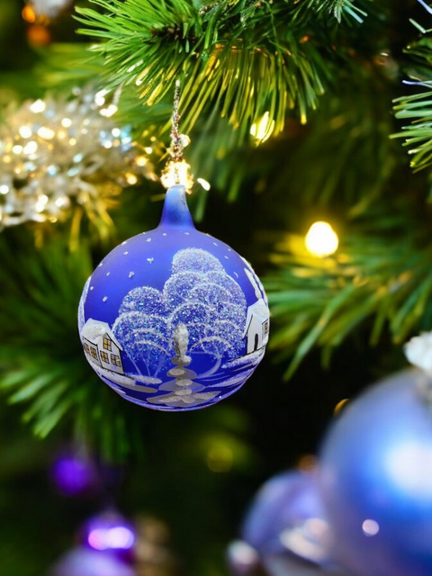 Blue Blown Glass Large Ball Ornament - White Church Design