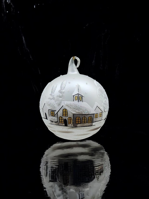 Frosted Blown Glass Large Ball Ornament - Handcrafted - White Church