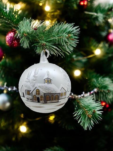 Frosted Blown Glass Large Ball Ornament - Handcrafted - White Church