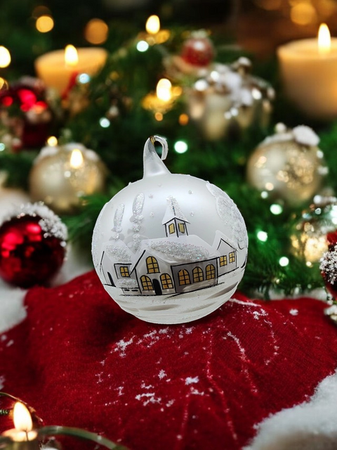 Frosted Blown Glass Large Ball Ornament - Handcrafted - White Church